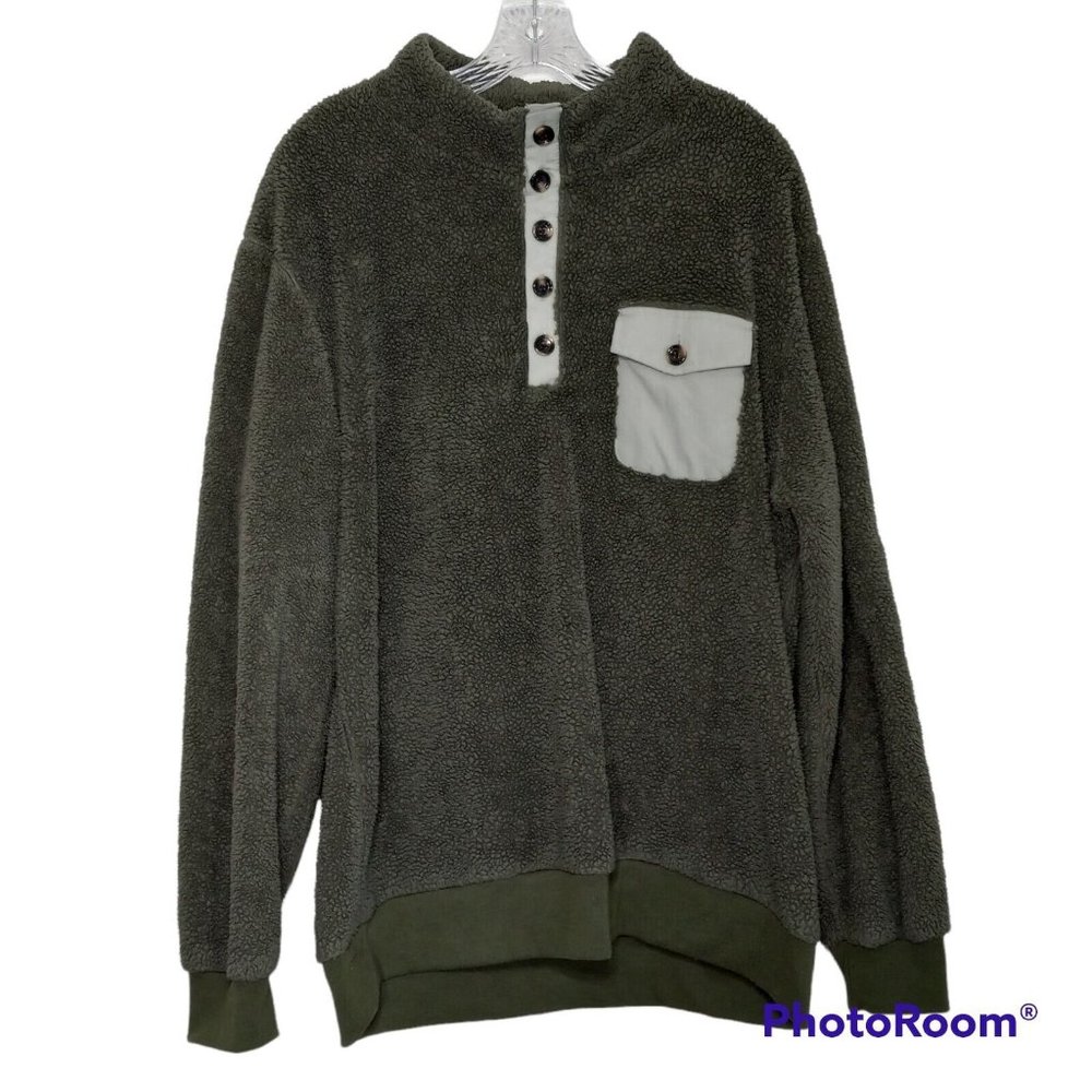 Chicyea Fleece Hunter Green 1/4 Button Henley Mock Neck Pullover Men's Size XL
